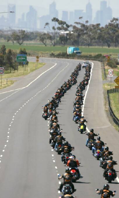 Members of the Bandidos Bikie Club make their way up the Geelong road to Melbourne on their annual ride. Picture: Michael Clayton-Jones