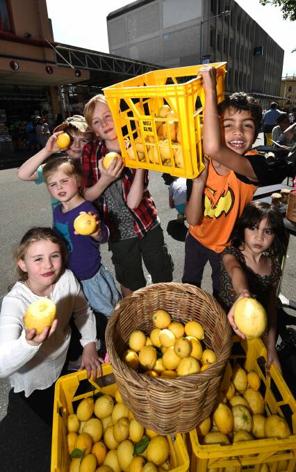 FRESH: Charlotte Miller, Catherine and James Coxen, Tom Hemmings, stallholder Tariku Brammall and Zahara Brammall sell lemons on their stall alongside Sweetbrew.