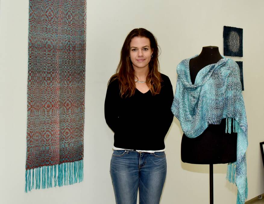 Artist Penelope Purcell with her art work Wrasse Wrap and Reef Wrap at the Academy Gallery. Picture: Neil Richardson 
