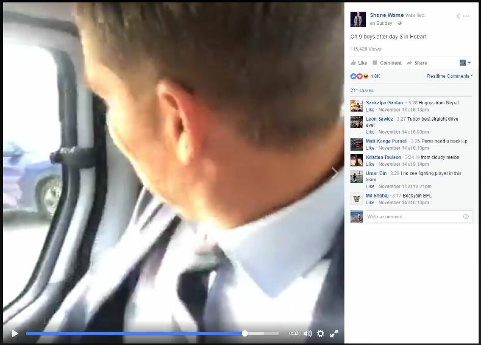 Shane Warne buckling up his seat belt after several people comment on his live stream.