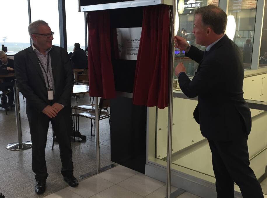 NEW LOOK: Airport general manager Paul Hodgen and Premier Will Hodgman officially unveil the Launceston Airport redevelopment. Picture: Sarah Aquilina