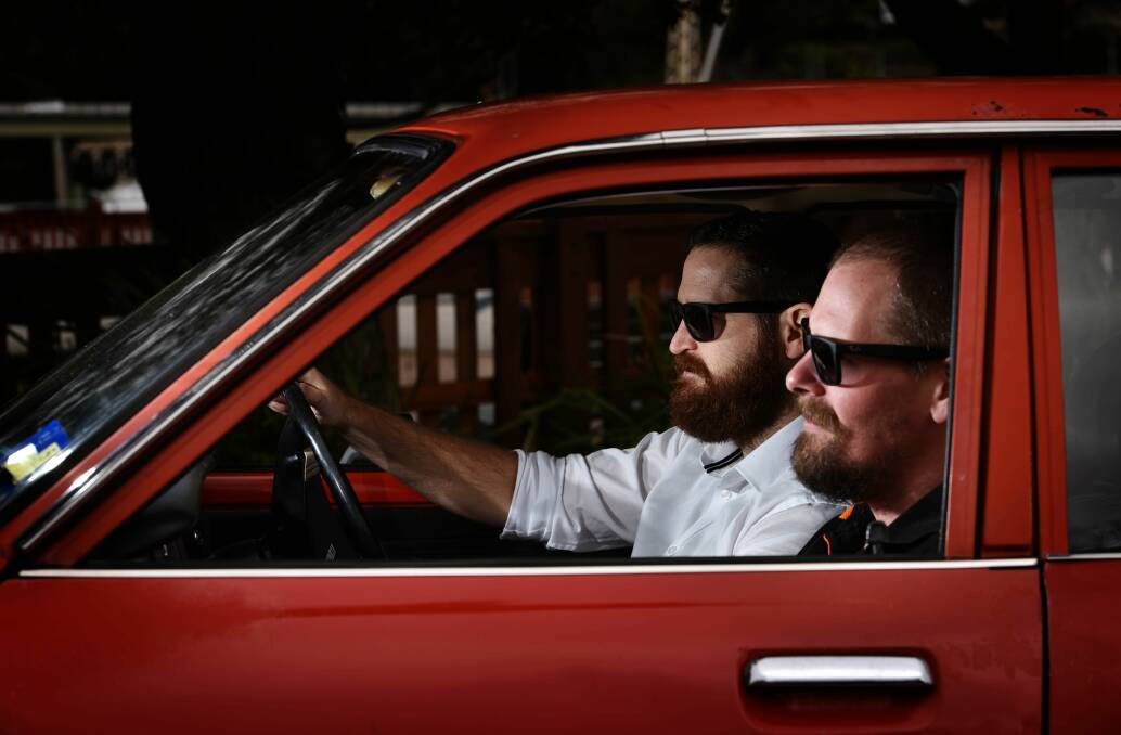 RACE: Karl Singline and Kelvin Todd hit the streets in Singline-family heirloom, a 1978 Datsun 120Y, to prepare for the Shitbox Rally. Picture: Scott Gelston
