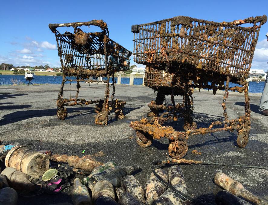 TROLLEYS: Divers hurled two trolleys from the water at York Cove, George Town. Picture: David Maynard