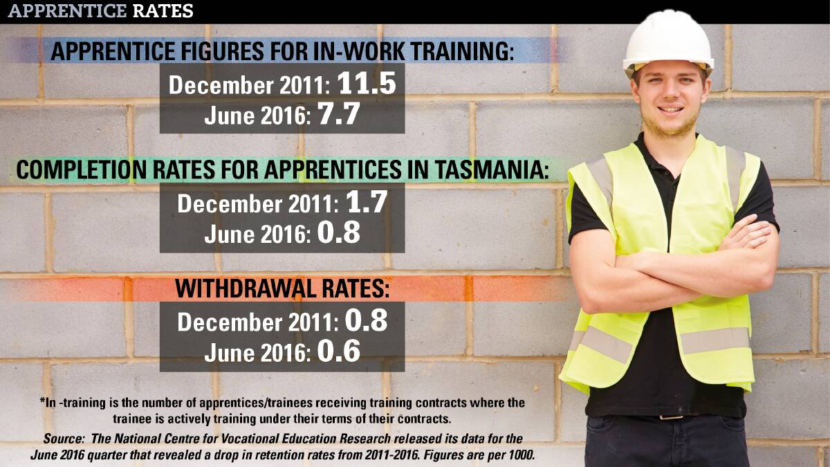 FIGURES: Data released by the Productivity Commission revealed Tasmanian apprentice rates have hovered around nine per cent between 2006 and 2012. Rates spiked in 2014 to about 10 per cent but declined again in 2015.