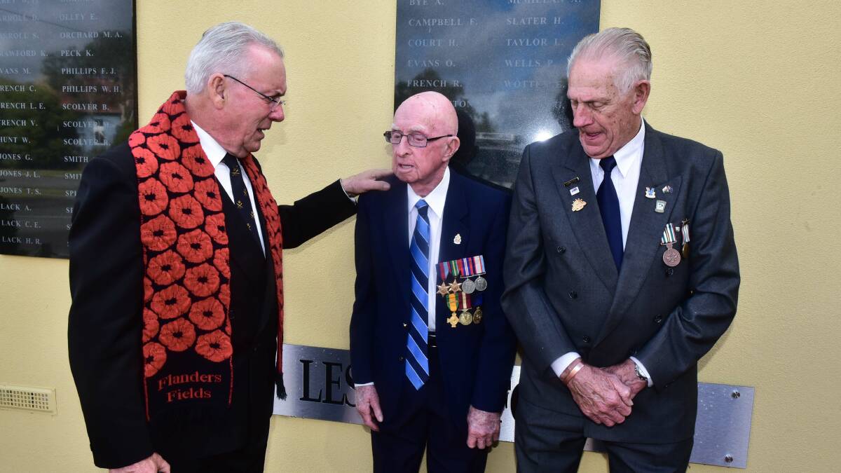 EXETER: Legislative Councillor Kerry Finch, retired veteran Pat Clements and Arthur Kingston at Exeter RSL after the service. Picture: Neil Richardson