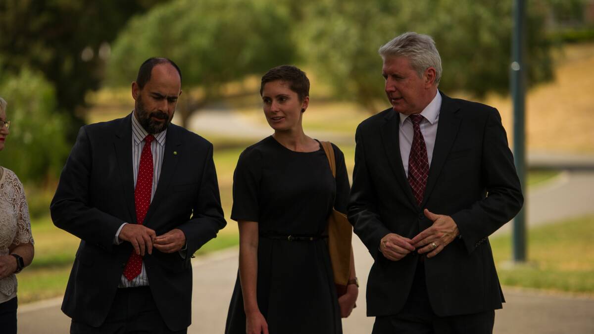 PAY CHANGE: Bass MP Ross Hart, retail worker Ruby Wallace and federal Opposition Employment Minister Brendan O'Connor as Labor talk up the penalty rates decision. Picture: Scott Gelston.
