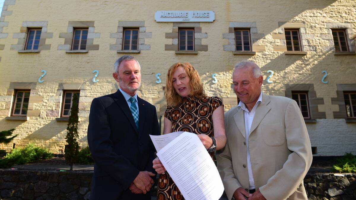 CHARACTER: City of Launceston mayor Albert van Zetten, chief heritage planner Fiona Ranson and heritage committee member and alderman Hugh Mackenzie outside Macquarie House in Civic Square. Picture: Paul Scambler