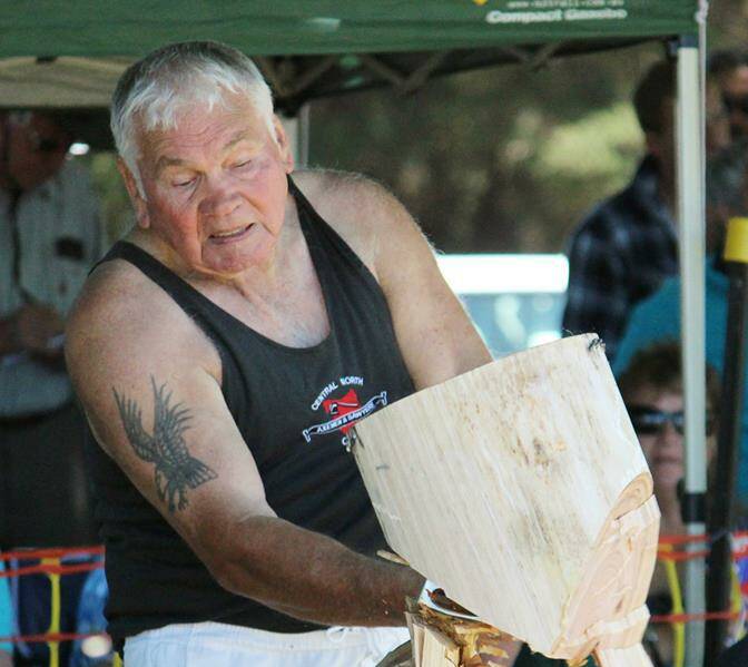 Final blow: 80-year-old Stan Sainty of Launceston in action at a standing block event. The woodchopping legend will compete at his 50th Thousands carnival at Invermay on January 6 and then retire from the sport.