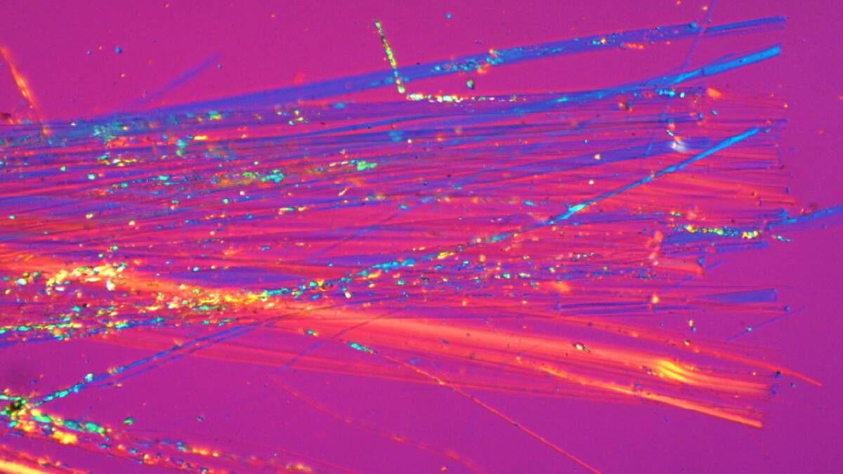 DEADLY: Asbestos fibres as seen through a polarised light microscope. Just one fibre has potential to cause serious health problems if inhaled.