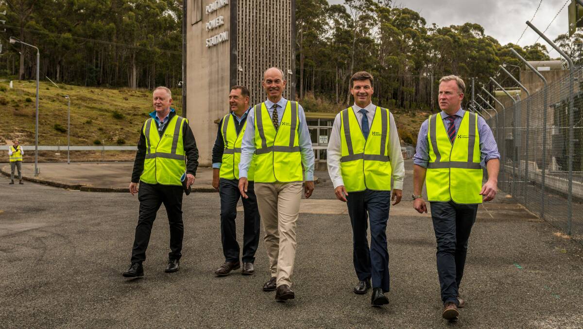 POWER UP: Hydro Tasmania chief executive Steve Davy, Braddon Liberal Candidate Gavin Pearce, Tasmanian Energy Minister Guy Barnett, federal Energy Minister Angus Taylor and Premier Will Hodgman at Poatina Power Station. Picture: Phillip Biggs
