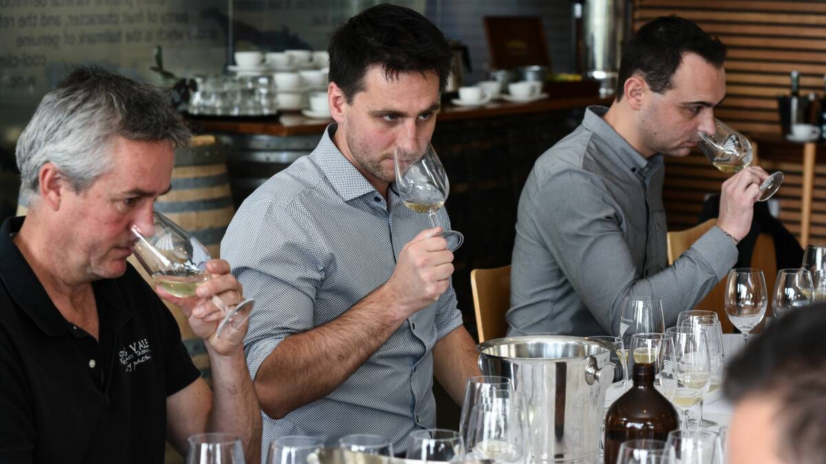 PERFECTING BUBBLES: Wine producers Matt Wood of Springvale with Adnen Moreau and Maximilien Bernardeau from Station Oeno Technique Champagne at Tamar Ridge. Picture Neil Richardson