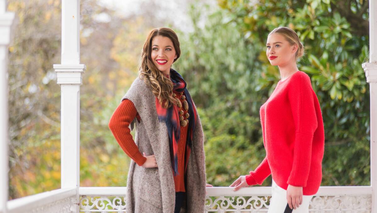 MERINO SHOWCASE: Launceston models Chelsea Freestone and Maddie Wadley-Keygan preview woollen outfits for the Campbell Town Show AWI Fashion Parades on Saturday. The parades feature garments from Tasmanian and mainland retailers. Picture: Phillip Biggs