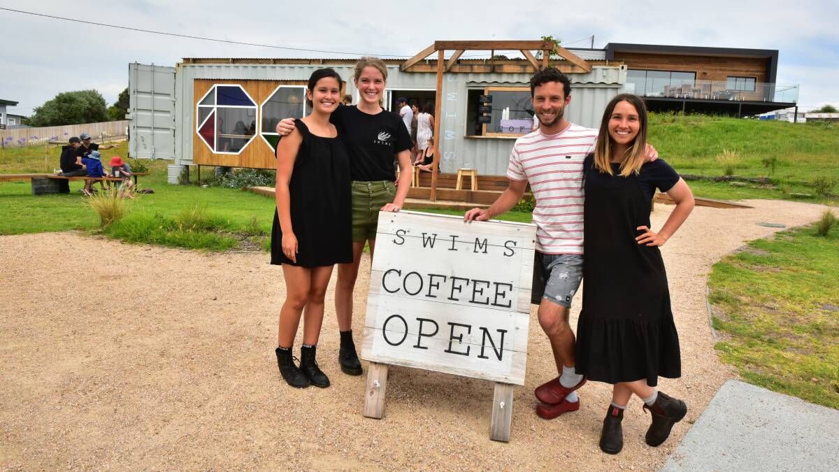 BOOM TOWN: Brianna Bailey, Grace Andrewartha and Swims owners Sean Bradley and Caitlin Sherrey-Dadd. Picture: Neil Richardson