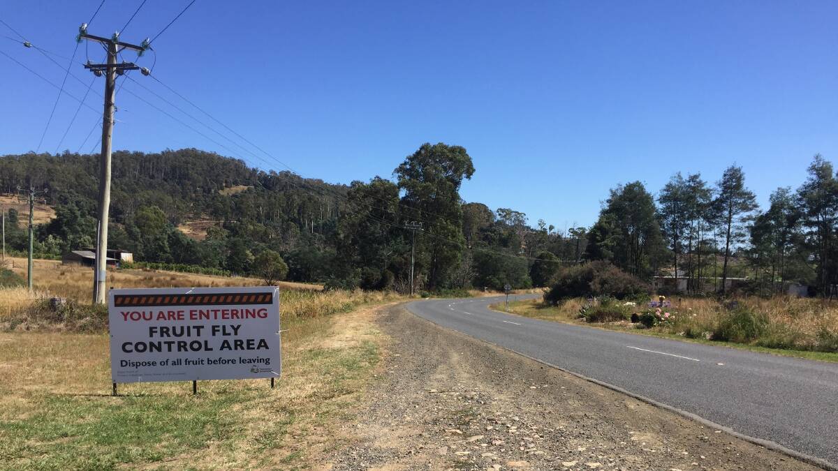 EXPANDED ZONE: Biosecurity Tasmania fruit fly control area sign at Kimberley. Picture: Carly Dolan
