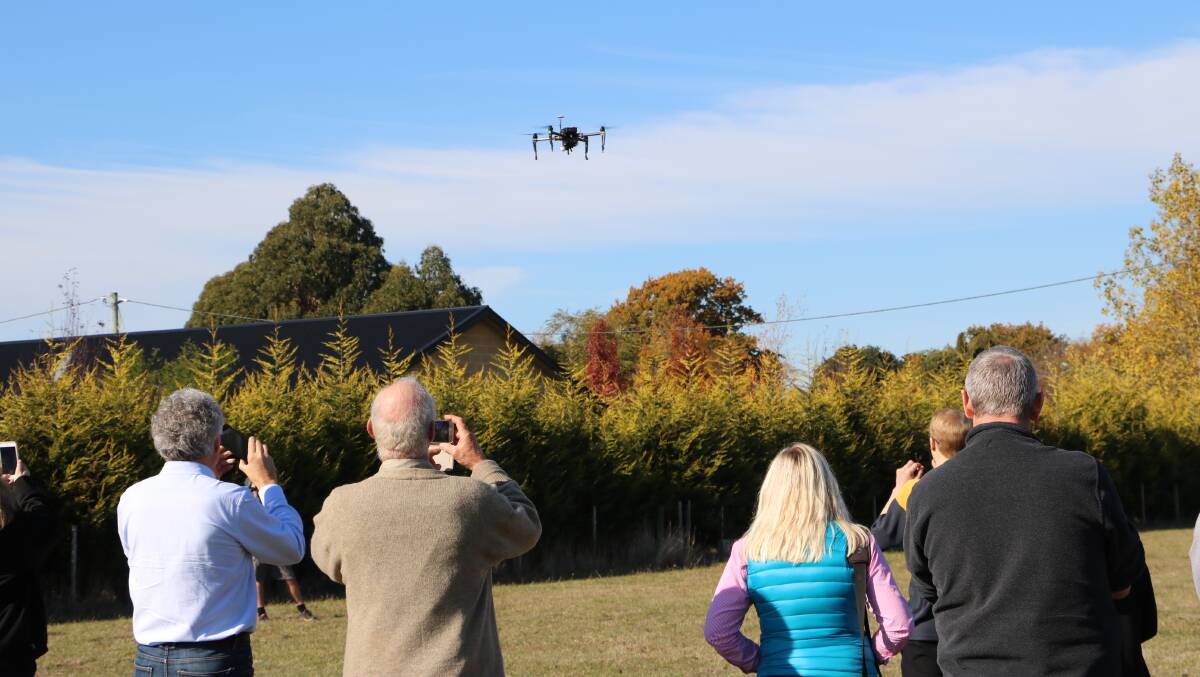 PRECISION AGRICULTURE: A drone is demonstrated for more than 110 attendees at the Water for Profit event at Longford last Thursday. Picture: Supplied