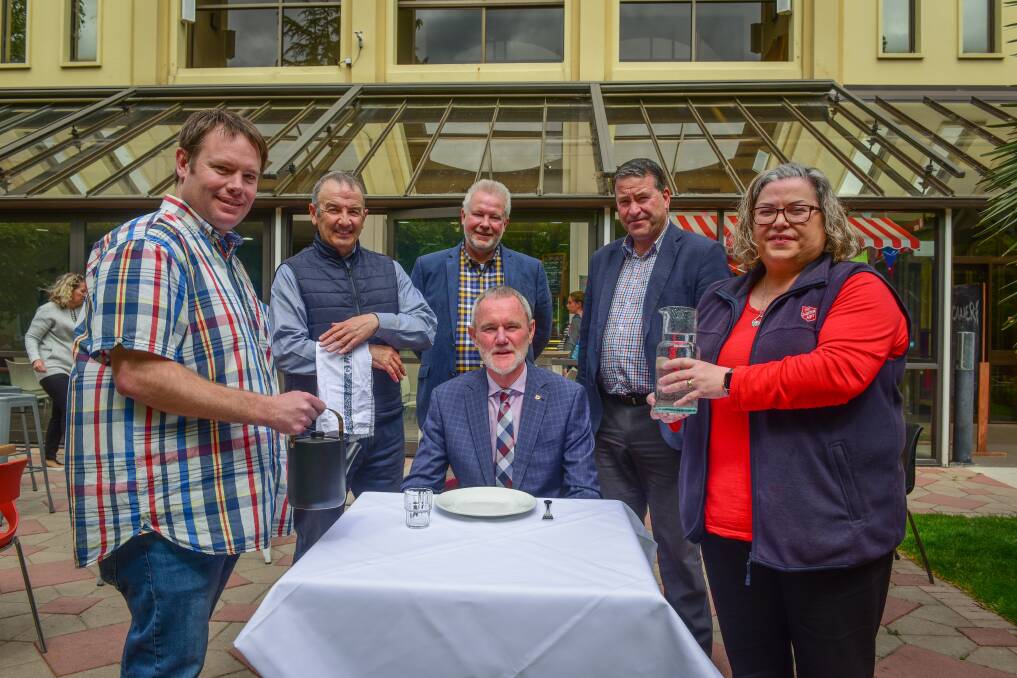 Nic Green of Catholic Care, St Vincent de Paul Society state president Mark Gaetani, Launceston Benevolent Society CEO Rodney Spinks, City Mission's CEO Stephen Brown and Salvation Army social operations manager Anita Reeve, with Launceston Mayor Albert van Zetten at the Launch of the 2020 Launceston City Community Christmas Lunch event at the Albert Hall. Picture: Paul Scambler The Examiner.