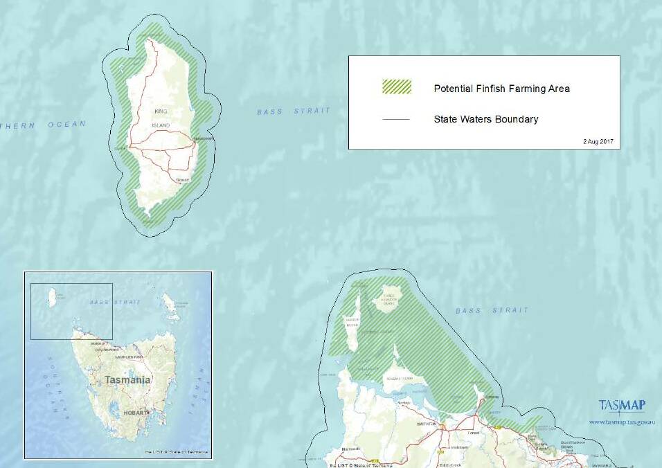 A map of potential 'grow zones' for finfish farming in North-West Tasmania.