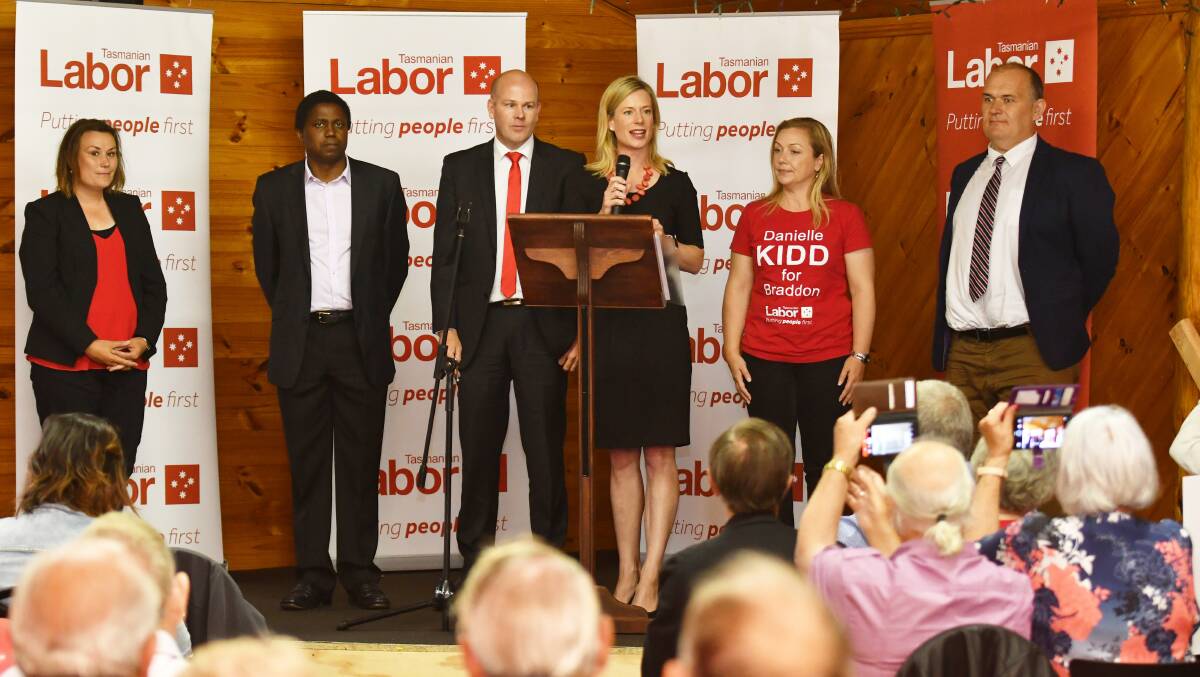 CANDIDATES: Labor leader Rebecca White (centre) with Braddon candidates Anita Dow, Themba Bulle, Shane Broad, Danielle Kidd and Wayne Roberts. Picture: Brodie Weeding