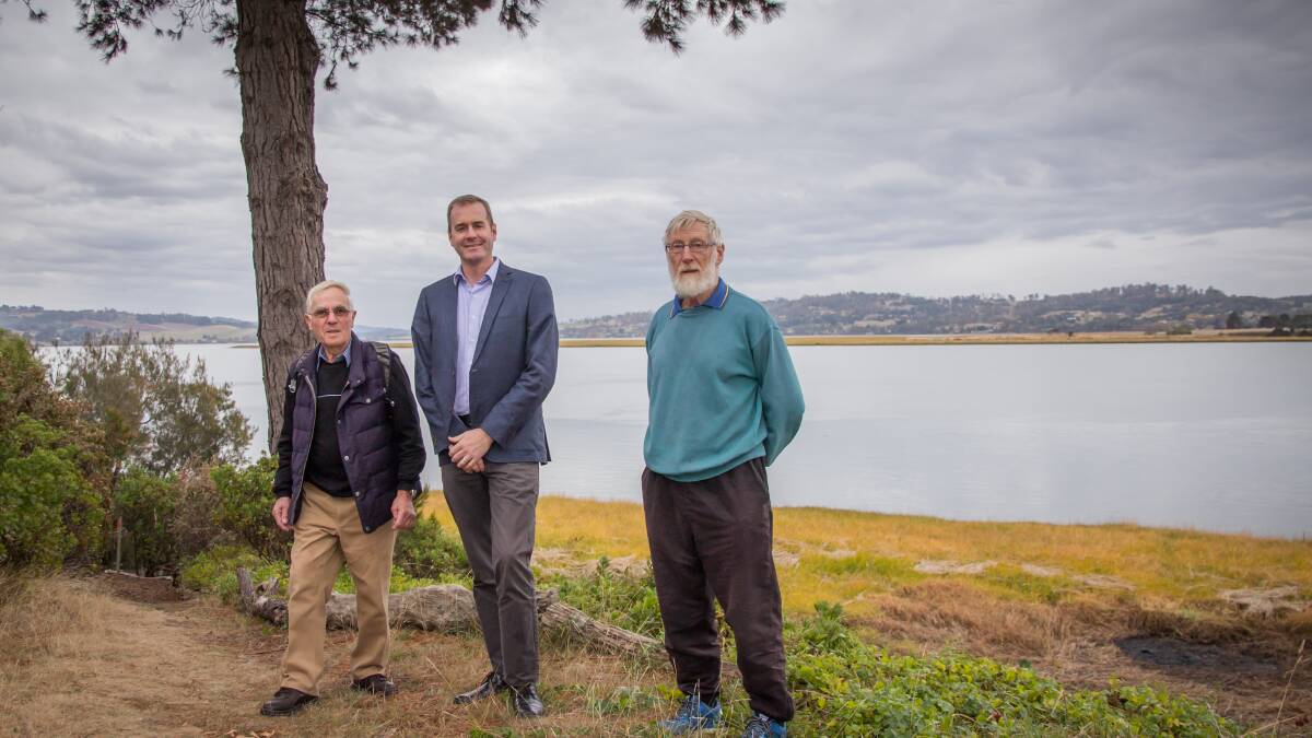 IN PROGRESS: Legana Community Group's Jim Collier, and David Brelsford with Michael Ferguson who announced the government has funded a feasibility study for the Tamar River Walkway. Picture: supplied. 
