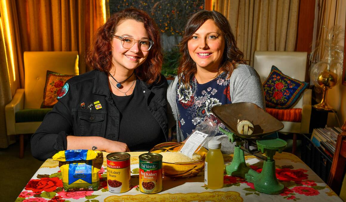 TRYING: Jaine Scollard and Megan Turale are taking part in the ration challenge, eating the same as a Syrian refugee for a week. Picture: Scott Gelston