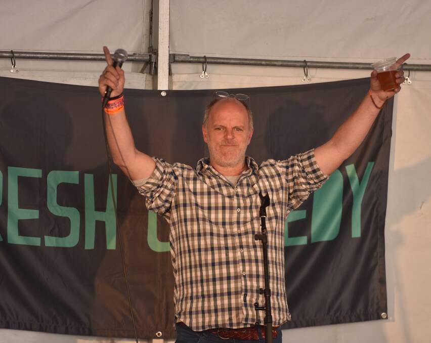 BELLY OF LAUGHS: Greg Fleet performs at the Fresh Comedy tent at the Esk BeerFest. It's the third year the festival has had comedy. Picture: Scott Gelston