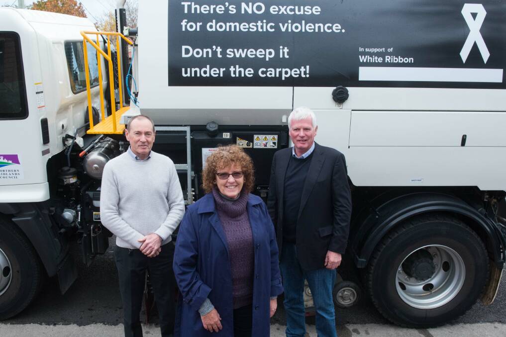 SPEAK UP: Northern Midlands Council general manager Des Jennings, councillor Mary Knowles and mayor David Downie launch the campaign against domestic violence.