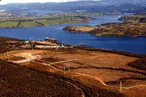 An aerial view of the cleared Bell Bay site on which Gunns intends to build its pulp mill. Picture: PAUL SCAMBLER