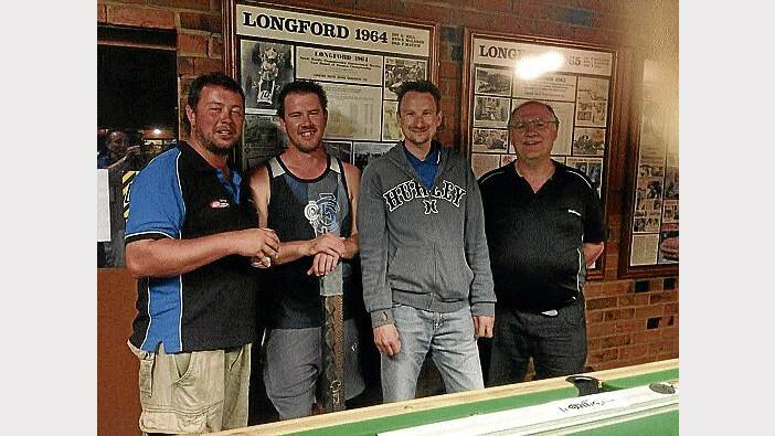 Esk Eightball Association doubles championships runners-up Darius Stansbie and Jonno Jenkins with winners Scott Kopriva and Peter Miller.