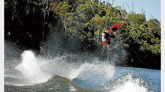 Marcus Bush enjoys some air time during practice for the state wakeboarding summer series.Picture: GEOFF ROBSON