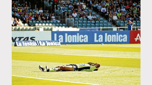 Melbourne Victory's Archie Thompson after missing another shot on goal last night at Aurora Stadium.