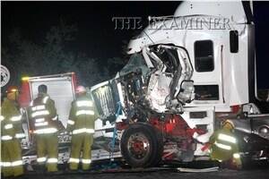 The scene of the collision between a Tasmania Fire Service truck and a semi-trailer on the Bass Highway at Carrick last night. Picture LAURA OLDFIELD