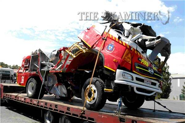 The fire truck involved in last night's accident at Carrick. Picture NEIL RICHARDSON.