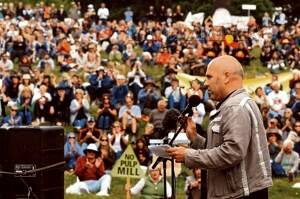 Anti-pulp mill campaigner and author Richard Flanagan addresses yesterday's protest rally at the Batman Bridge. Picture: GEOFF ROBSON
