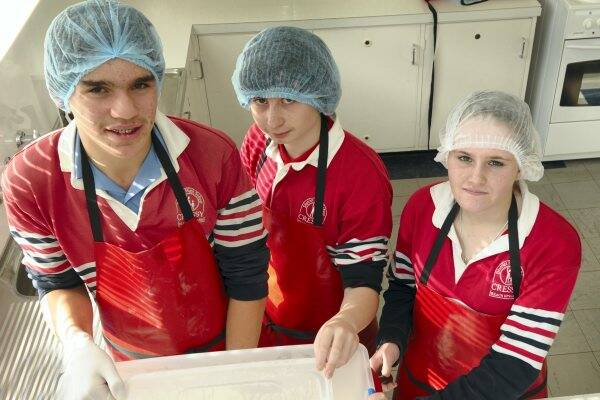 Cressy District High School students Jesse Daley, Jordan Semmens and Courtney Purton, all 15, during yesterday's Camembert in the Classroom session.  Picture: GEOFF ROBSON