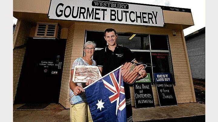 Merrilyn Heazlewood, of the Westbury Rotary Club, and Westbury Gourmet Butchery owner Nathan Merriman gear up for the Australia Day breakfast fund-raiser.Picture: GEOFF ROBSON
