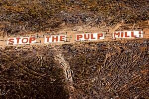 An aerial photograph shows a protest sign at the proposed pulp mill site on the East Tamar. Picture: Kim Maxwell*(1/2)