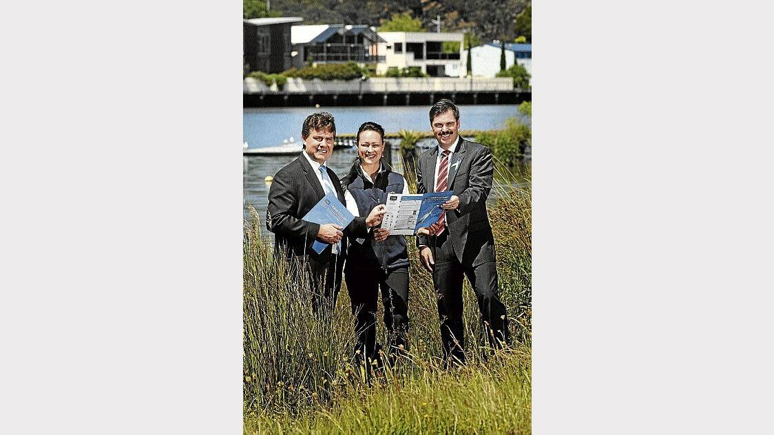 NRM North chief executive James McKee, Tamar Estuary and Esk River program manager Amanda Locatelli and Environment Minister Brian Wightman with the report. Picture: PHILLIP BIGGS