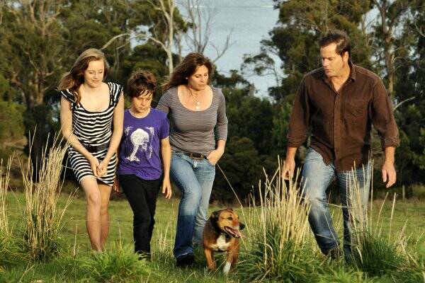 Greens Senate nominee Peter Whish-Wilson with children Bronte, 13, Finn, 11, wife Natalie and dog Diva at their Three Wishes Vineyard at Hillwood on the East Tamar.