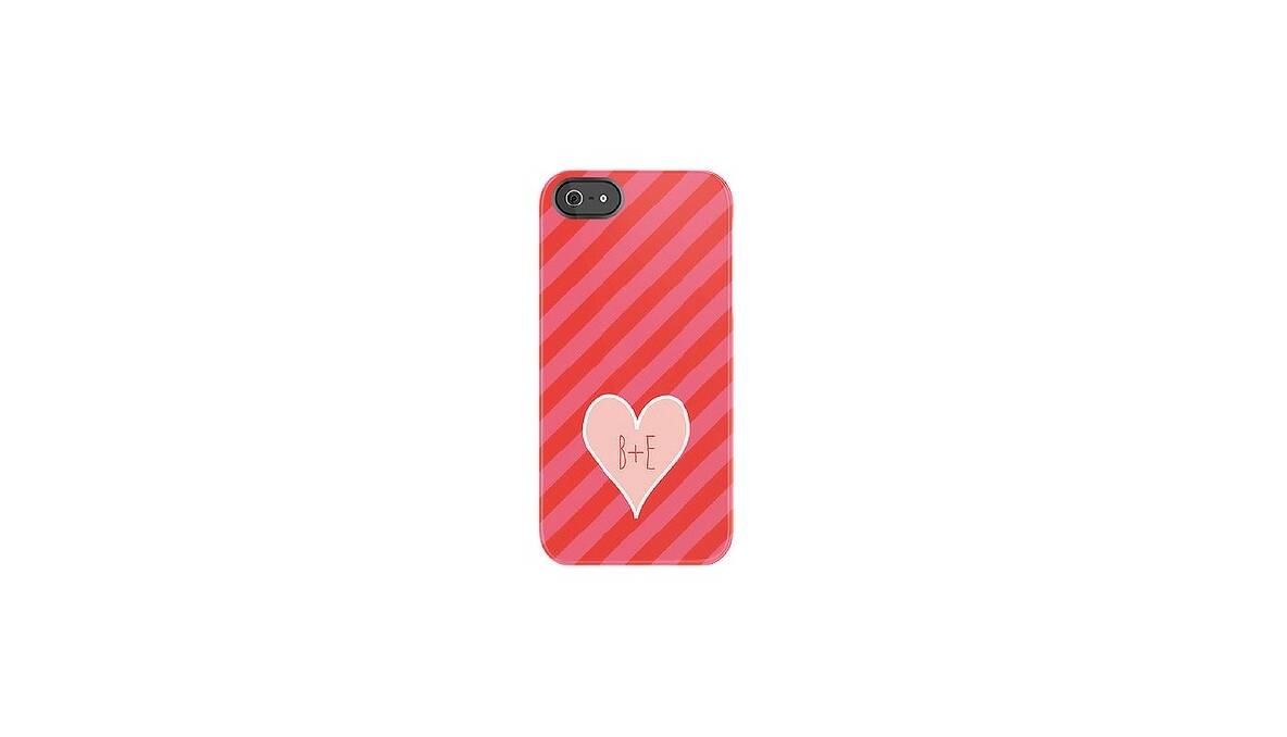 Declare your love with a cover for her Apple iPhone that will always remind her of what you share. The red-and-pink striped case comes monogrammed with yours and your special one’s initials inside a heart. $50 from www.etsy.com