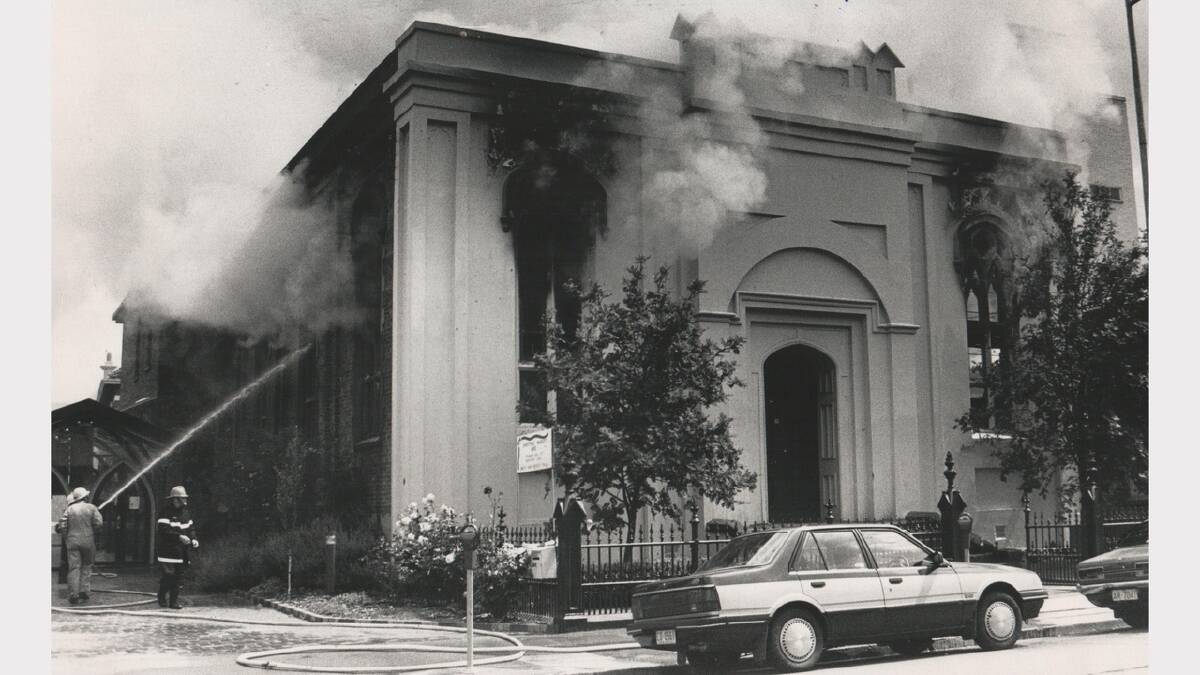 Fire at Pilgrim Uniting Church hall, Paterson Street. December 8, 1985.