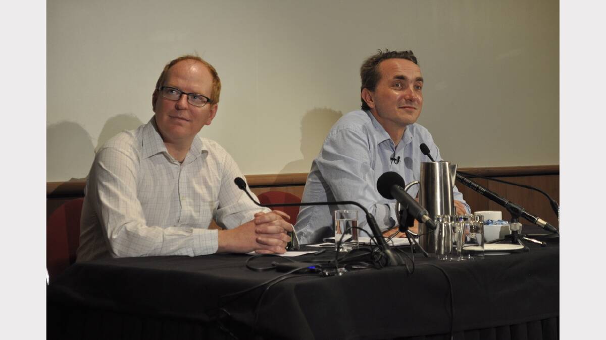 Spirit of Mawson expedition leaders Dr Chris Fogwill and Professor Chris Turney address the media in Hobart. Picture: Calla Wahlquist