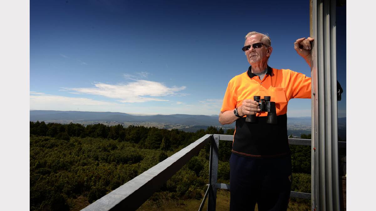 Step into Les Harper's office - an 18-metre tower at Mount Horror in the state's North East. Mr Harper is a 'tower guy' and keeps a lookout for fires during the summer. Picture: Scott Gelston