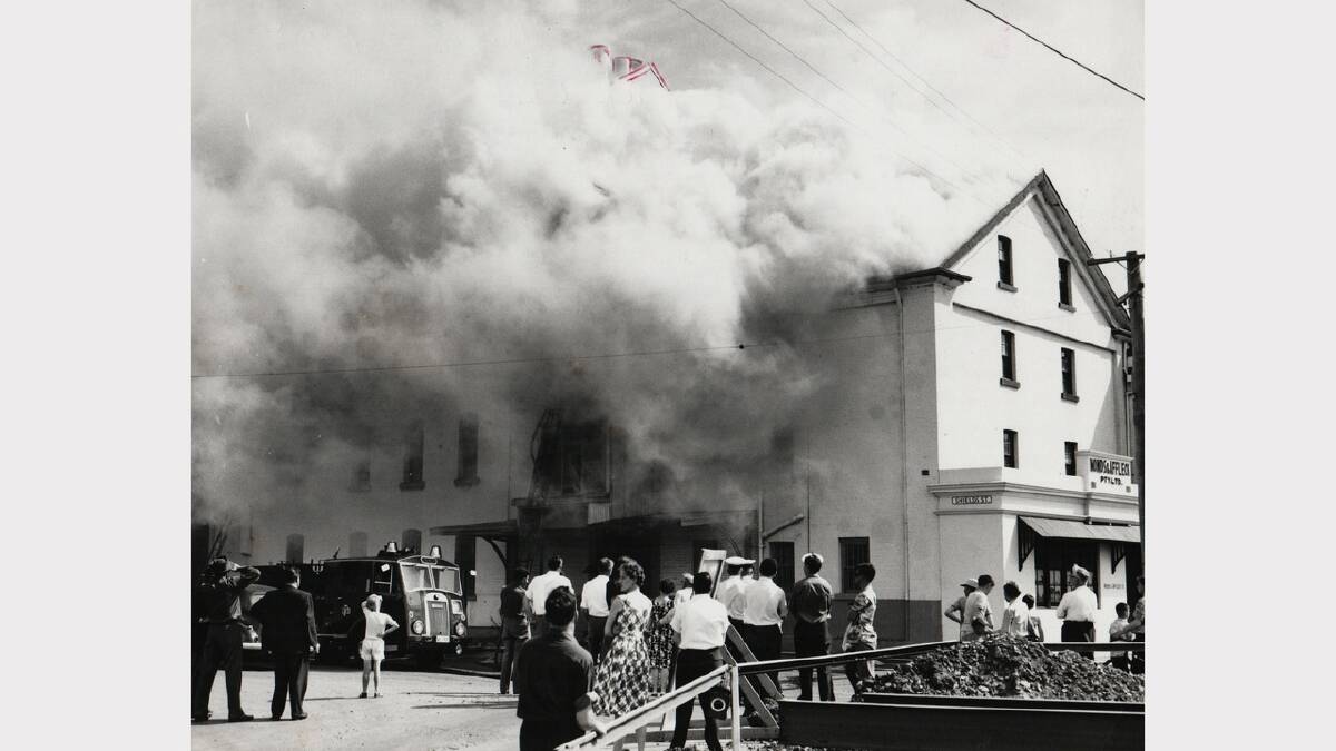 Fire at the Monds and Affleck flourmill, on the corner of Shield Street and The Esplanade, Launceston. December 23, 1962.