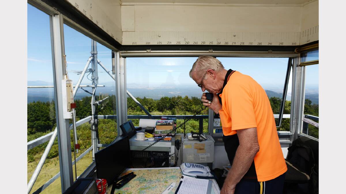 Step into Les Harper's office - an 18-metre tower at Mount Horror in the state's North East. Mr Harper is a 'tower guy' and keeps a lookout for fires during the summer. Picture: Scott Gelston
