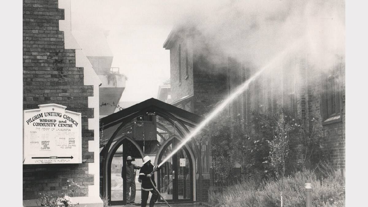 Fire at Pilgrim Uniting Church hall, Paterson Street. December 8, 1985.