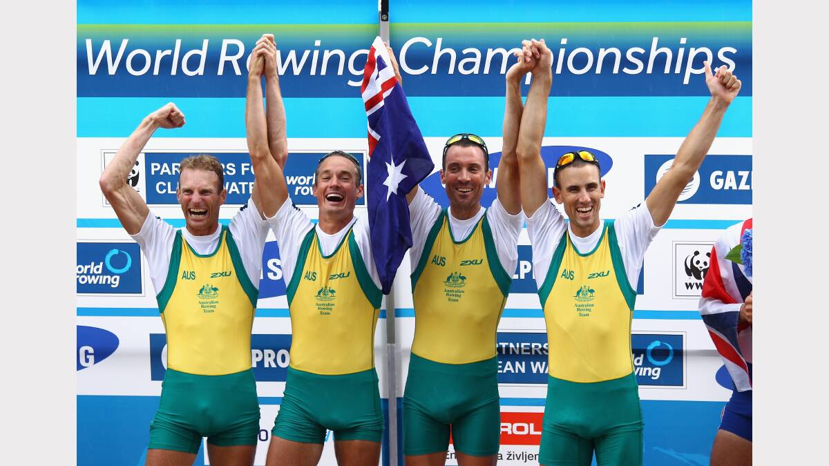 Anthony Edwards, Samuel Beltz, Benjamin Cureton and Todd Skipworth of Australia celebrate winning the Lightweight Men's Four final during day six of the FISA Rowing World Championships 2011.