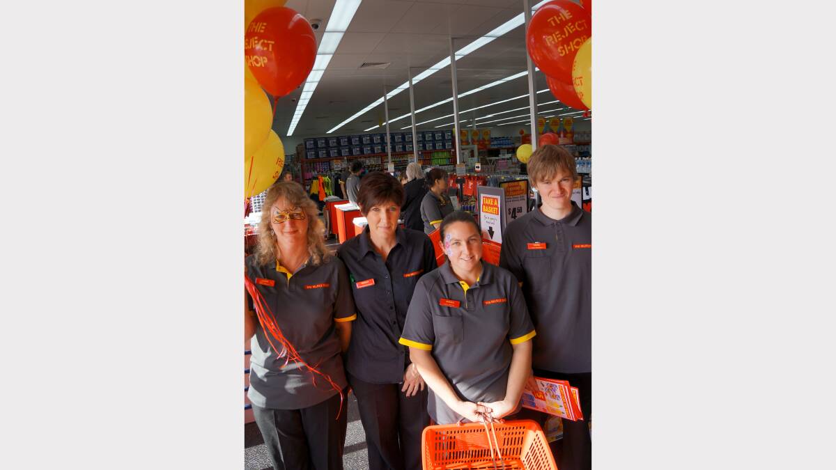 Legana Reject Shop employees Diana Jackson, store manager Teresa Browning, Angela McKercher and Daniel Towns celebrate the store's opening.