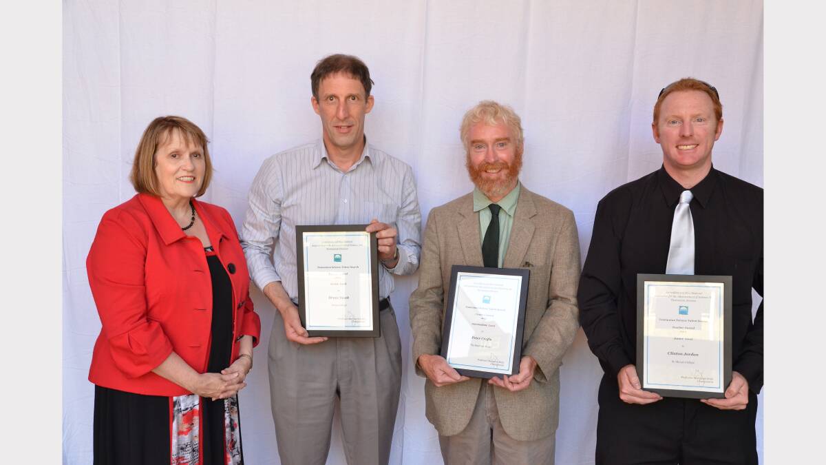 ANZAAS Teacher Awards. Professor Margaret Britz, Bruce Stack, of Rosny College, Peter Crofts, of The Hutchins School, and Clinton Jordan, of St Mary's College.