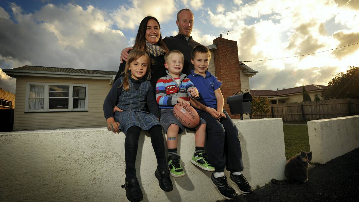 Tara and Matthew Piper, of Mowbray, with their children, Isabella, 5, Lucas, 4, and Theodore, 7. The Pipers   send their children to West Launceston Primary School, while renting at Mowbray.  Picture: SCOTT GELSTON