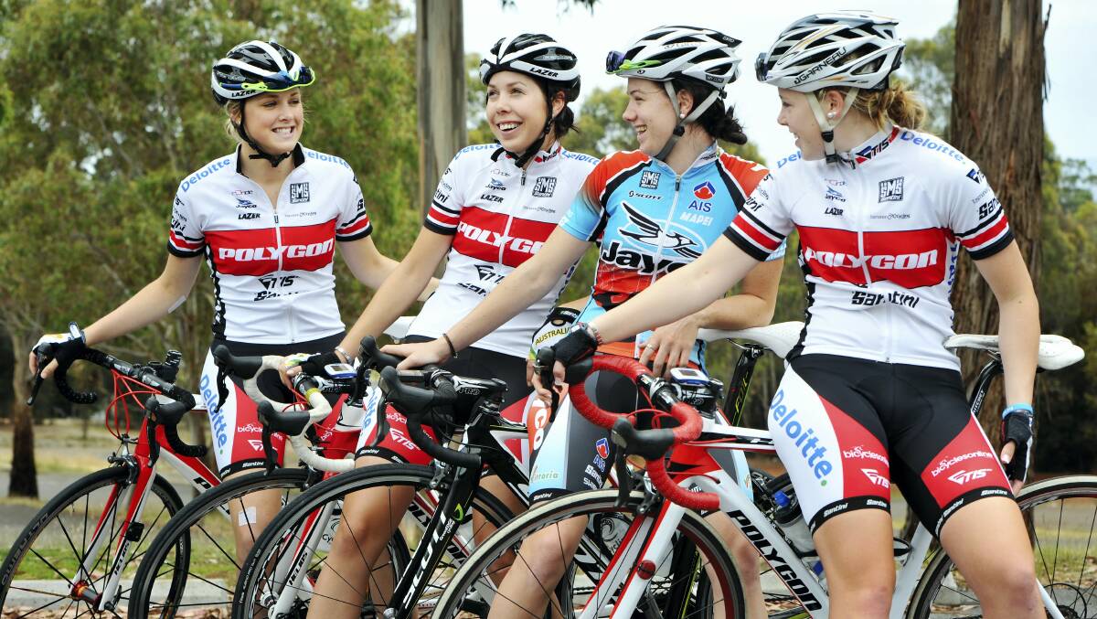 Macey Stewart (left) and Lauren Perry (right) are hoping to follow in the bike tracks of Tasmanian training partners and multiple junior world champions Georgia Baker and Amy Cure (centre) following yesterday's selections to this year's world titles in Glasgow.
